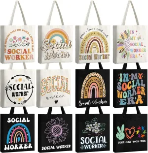 Paterr 12 Pcs Social Worker Appreciation Gift for Women Canvas Tote Bags Bulk for Retirement Volunteer Graduation Gift(Elegant Style)