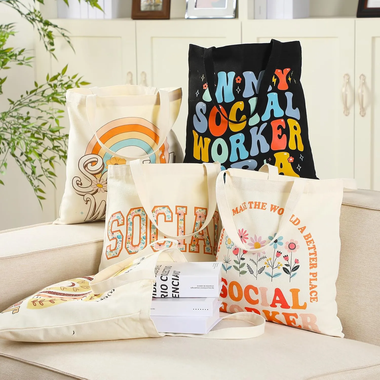 Paterr 12 Pcs Social Worker Appreciation Gift for Women Canvas Tote Bags Bulk for Retirement Volunteer Graduation Gift(Elegant Style)
