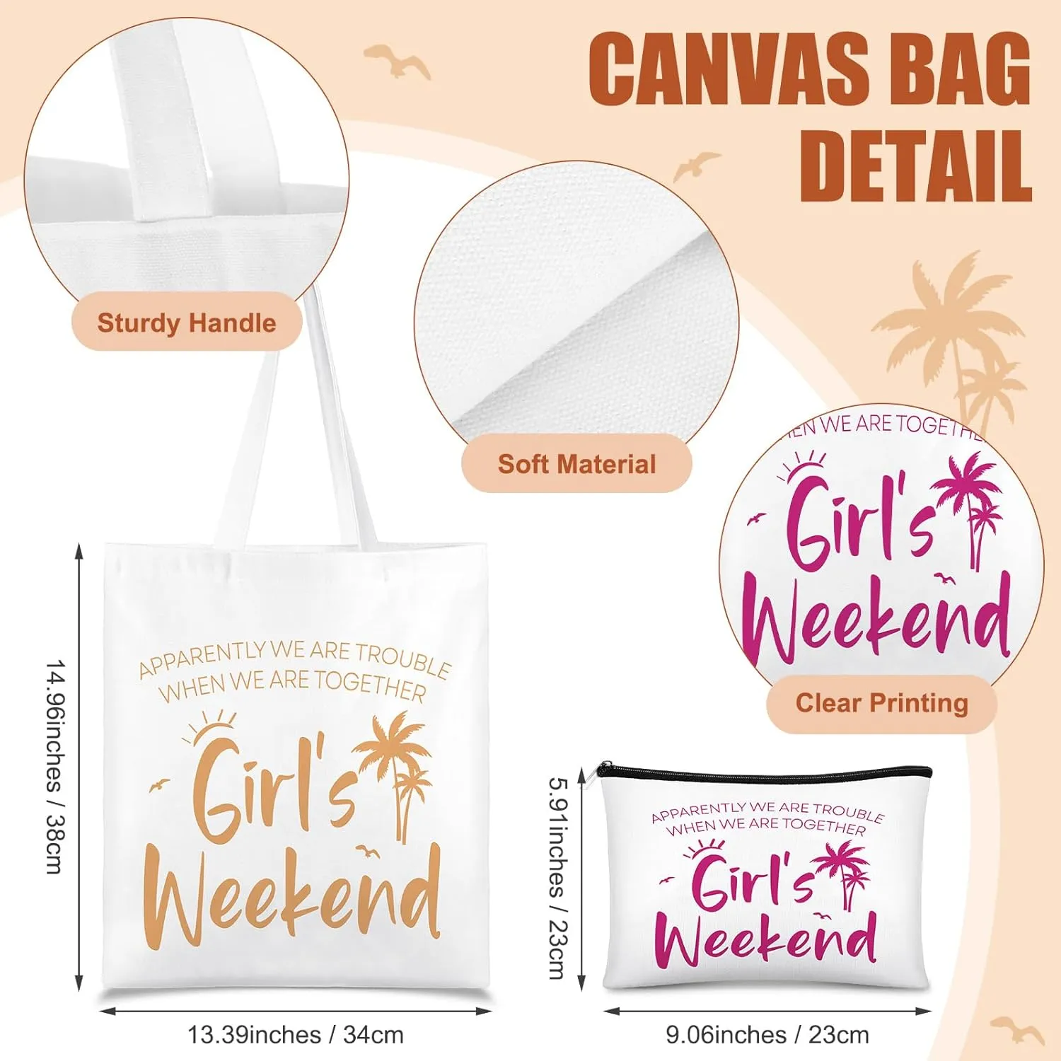 Paterr 8 Pcs Girls Weekend Gifts Includes 4 Makeup Bag Girls Trip Gifts 4 Weekend Tote Bag Travel Favors for Women Summer Cosmetic Zipper Pouch Wedding Birthday Bachelorette Party (Classic Color)