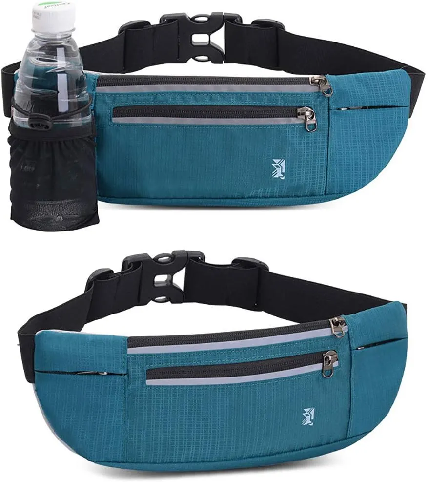 Peicees Fanny Pack with Water Bottle Holder Waist Bag for Men Women Water Resistant Lightweight Reflective Adjustable Running Belt Headphone Bag Travel Pocket for Outdoor Camping Fitness Hiking
