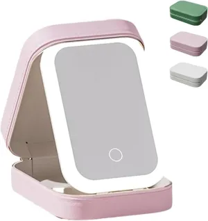 Periodicali Travel Makeup Mirror, Periodicali Travel Make up Mirror Foldable, LED Makeup Mirror Case with 3 Color Modes, Portable LED Mirrors with Storage (Pink)