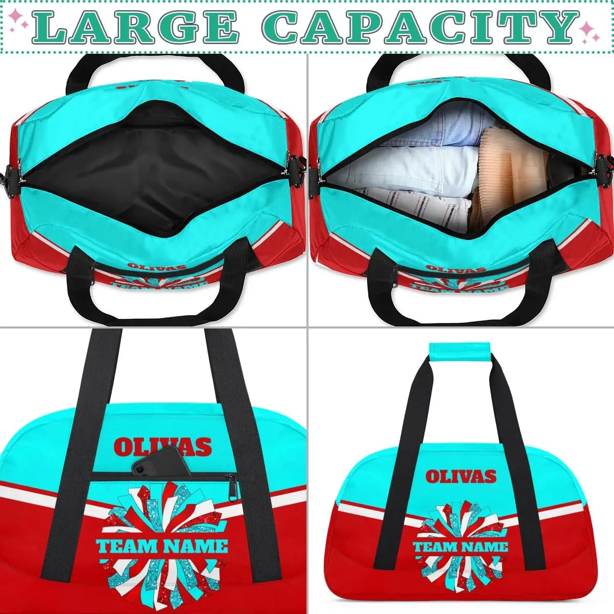 Personalized Cheerleader Bag Dance Bag for Girl, Custom Team Bag Gym Bag Sport Duffel Bag, Weekender Bags Travel Bag for Cheer Team Red Blue White Cheer, Option 10