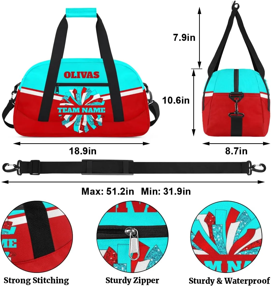 Personalized Cheerleader Bag Dance Bag for Girl, Custom Team Bag Gym Bag Sport Duffel Bag, Weekender Bags Travel Bag for Cheer Team Red Blue White Cheer, Option 10