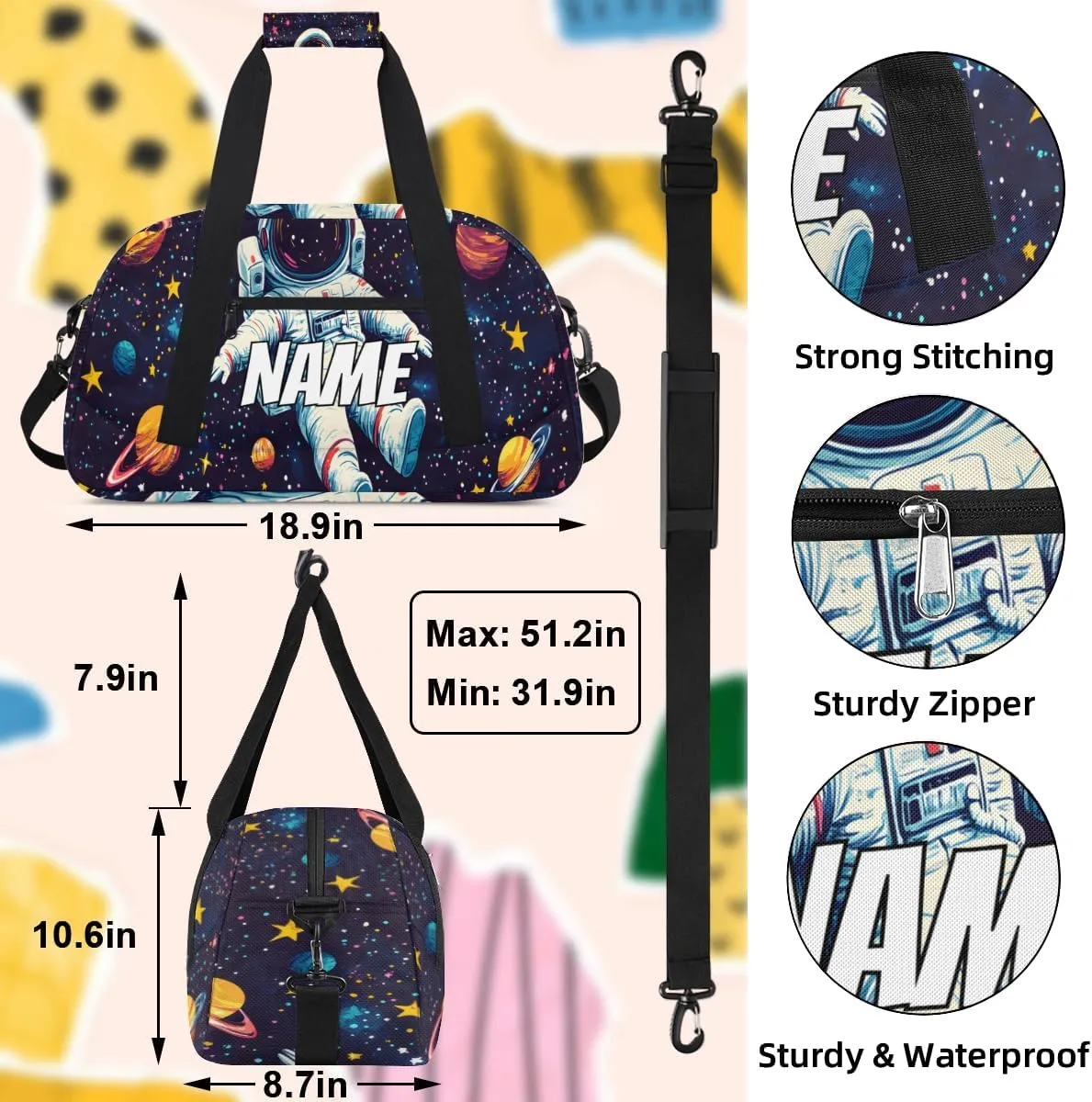 Personalized Custom Gym Bag for Women Men Carry on Astronaut Travel Duffel Tote Funny Trippy Space Overnight Workout Weekender Bag