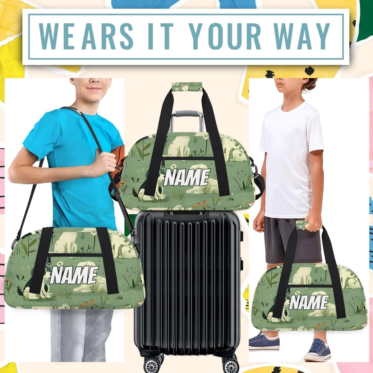 Personalized Custom Gym Bag for Women Men Carry on Puppy Dog Travel Duffel Tote Green Grassland Overnight Workout Weekender Bag