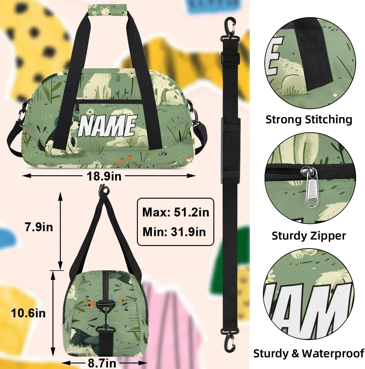 Personalized Custom Gym Bag for Women Men Carry on Puppy Dog Travel Duffel Tote Green Grassland Overnight Workout Weekender Bag