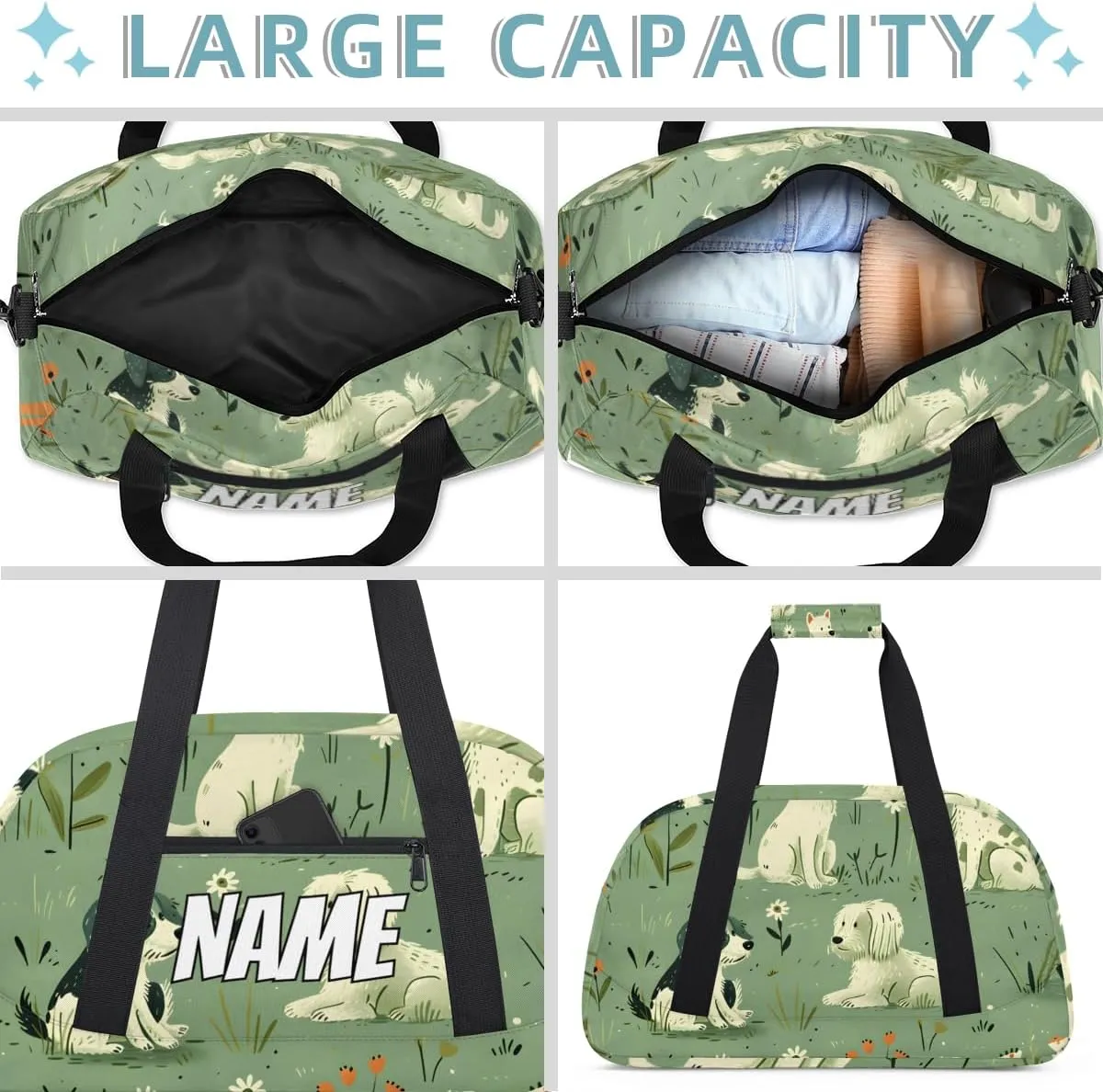 Personalized Custom Gym Bag for Women Men Carry on Puppy Dog Travel Duffel Tote Green Grassland Overnight Workout Weekender Bag