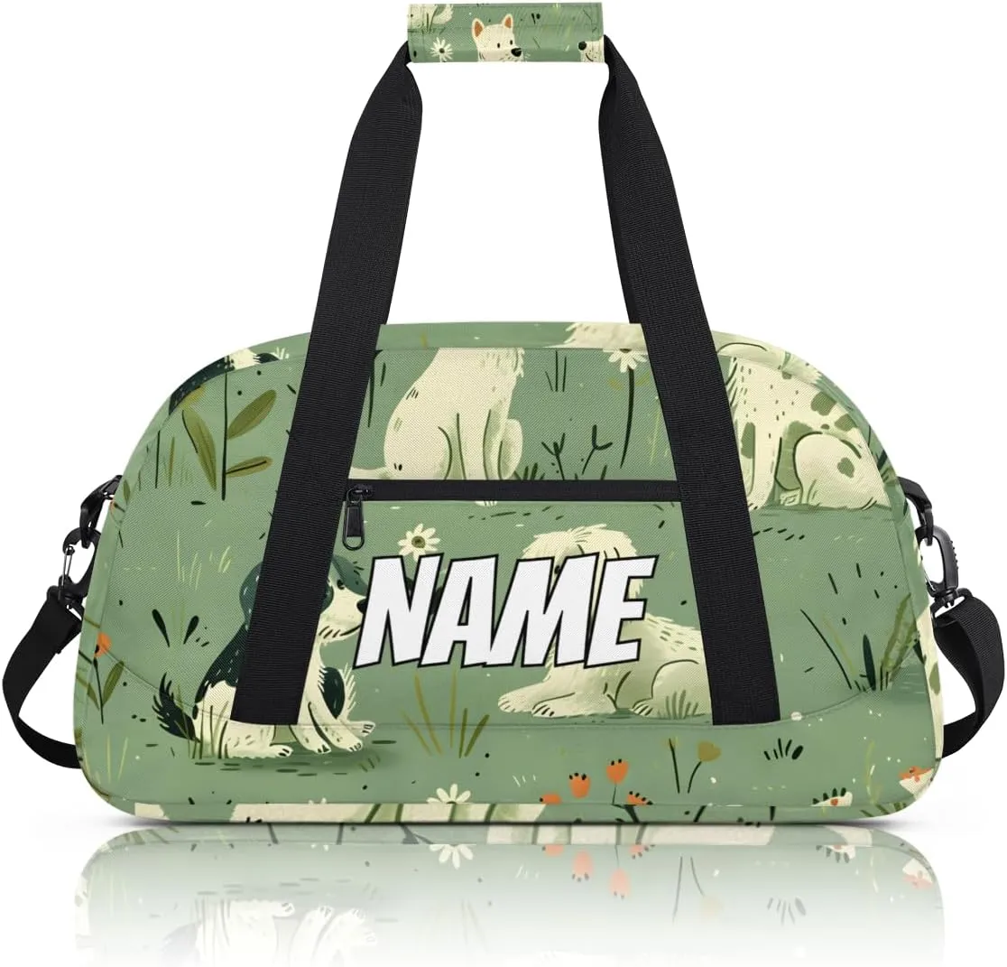 Personalized Custom Gym Bag for Women Men Carry on Puppy Dog Travel Duffel Tote Green Grassland Overnight Workout Weekender Bag