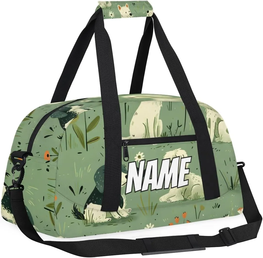 Personalized Custom Gym Bag for Women Men Carry on Puppy Dog Travel Duffel Tote Green Grassland Overnight Workout Weekender Bag