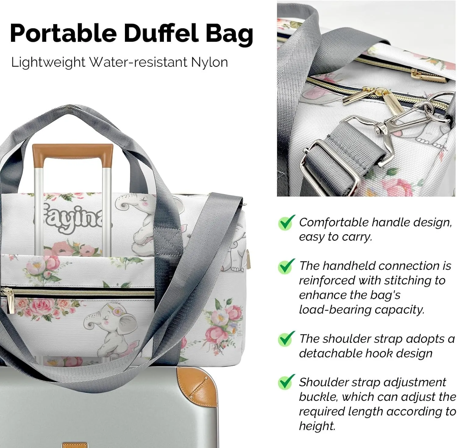 Personalized Cute Baby Elephant Pink Floral Custom Multi-functional Travel Bag, Unisex Portable Duffel Bag, Short Distance Travel Assistant