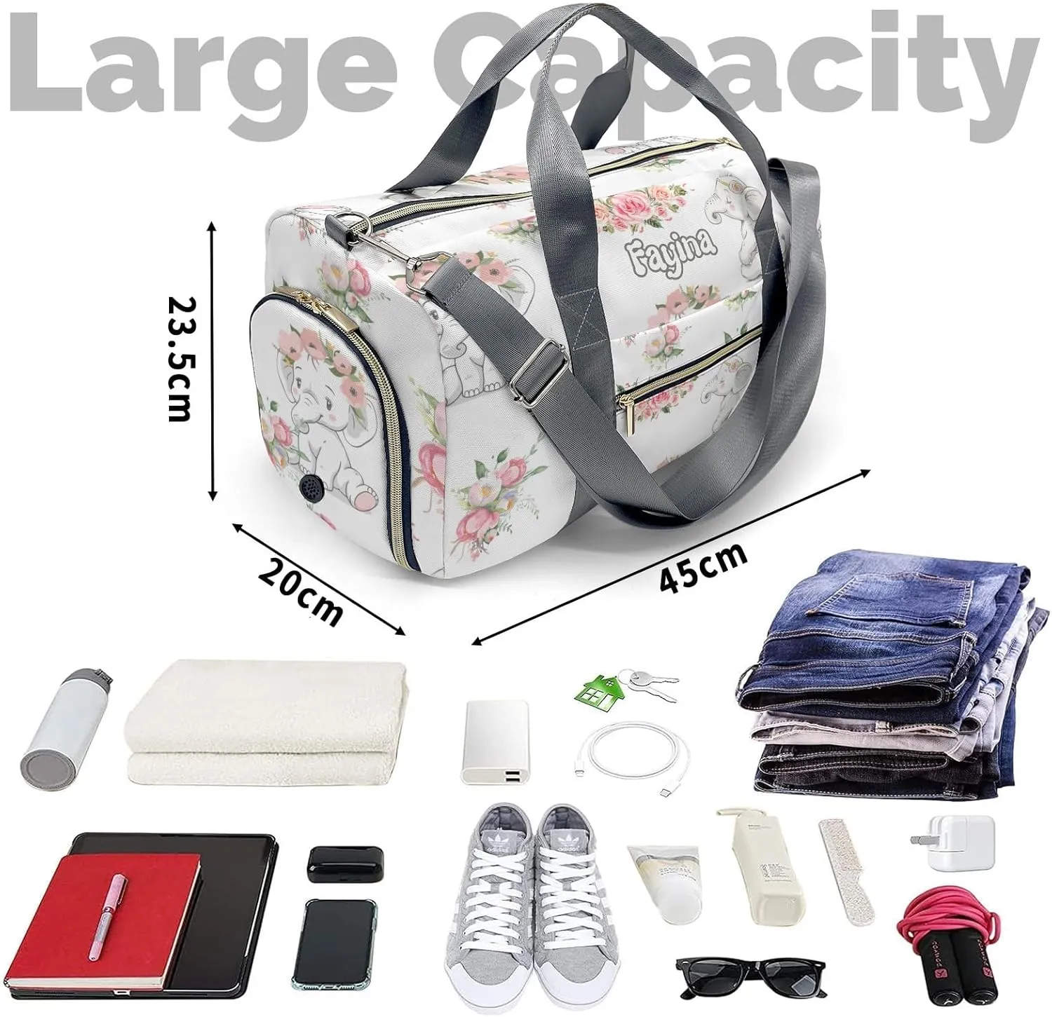 Personalized Cute Baby Elephant Pink Floral Custom Multi-functional Travel Bag, Unisex Portable Duffel Bag, Short Distance Travel Assistant