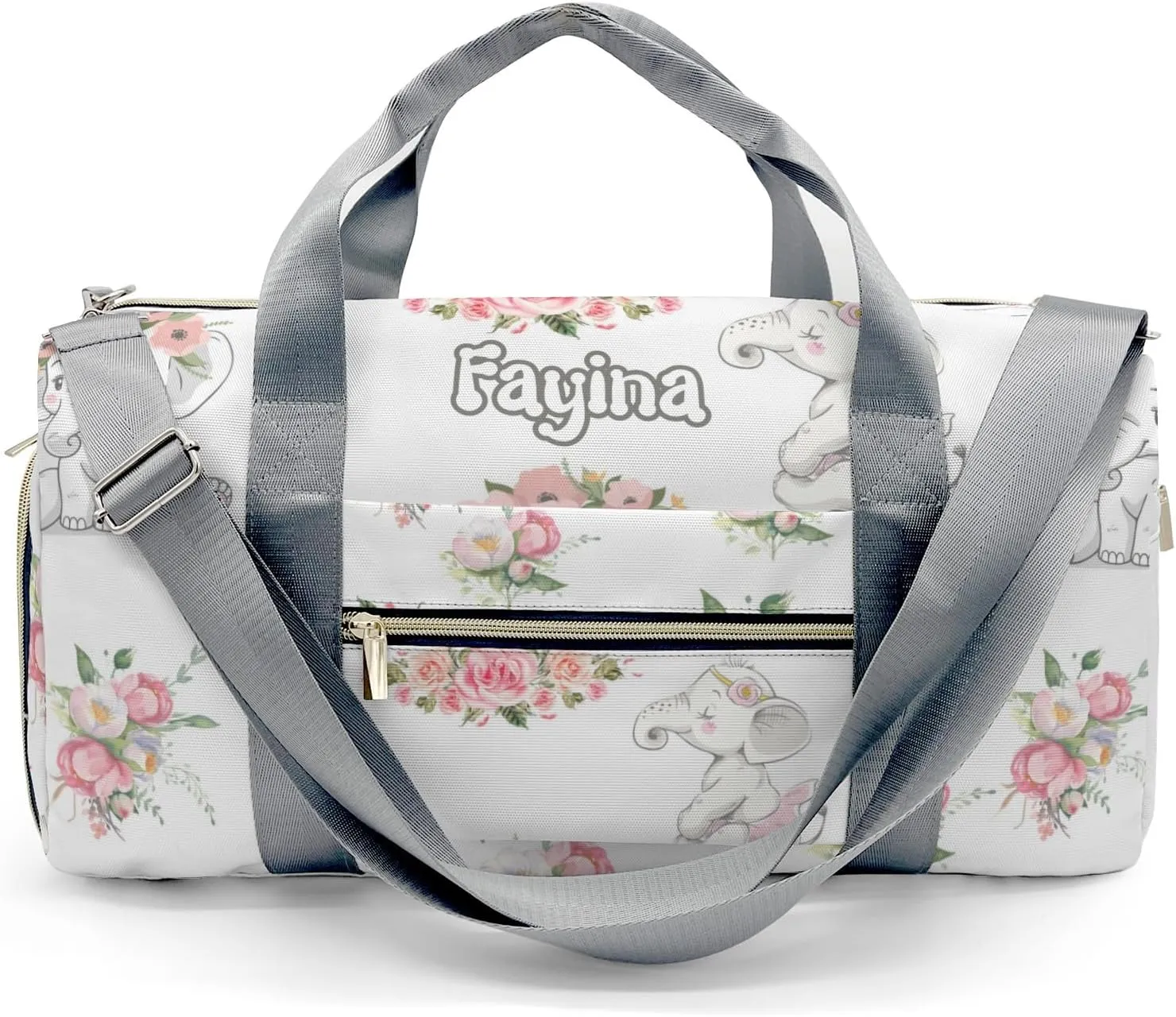 Personalized Cute Baby Elephant Pink Floral Custom Multi-functional Travel Bag, Unisex Portable Duffel Bag, Short Distance Travel Assistant