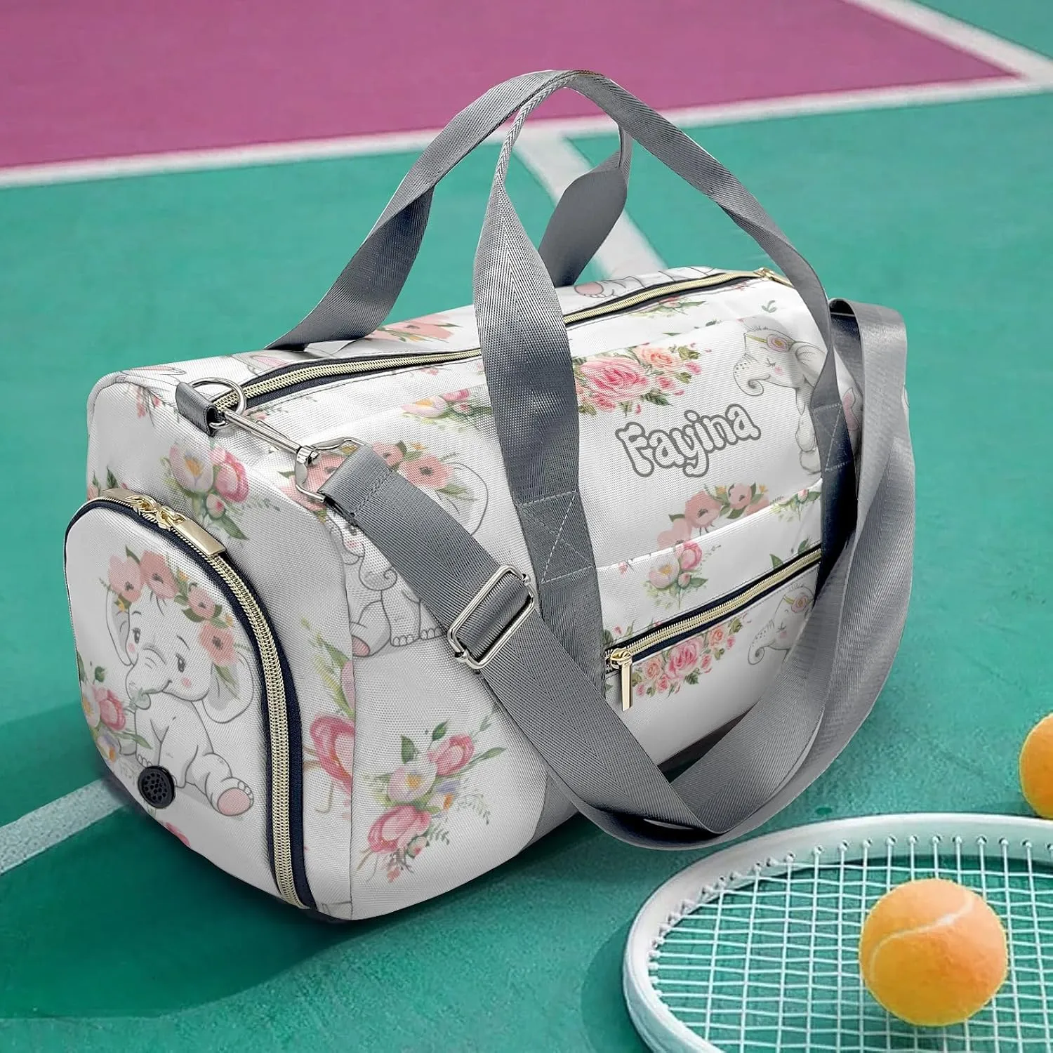 Personalized Cute Baby Elephant Pink Floral Custom Multi-functional Travel Bag, Unisex Portable Duffel Bag, Short Distance Travel Assistant