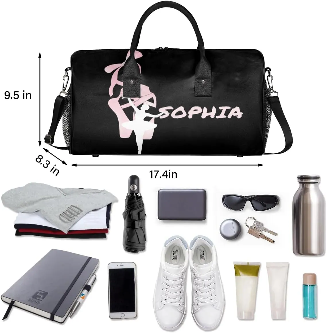 Personalized Dance Bag Travel Duffle Bag Custom Name Sport Gym Bag Carry On Weekender Bag Sleepover Athletic Bag for Women, Pinks Black Background