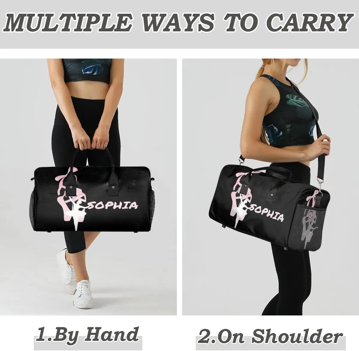 Personalized Dance Bag Travel Duffle Bag Custom Name Sport Gym Bag Carry On Weekender Bag Sleepover Athletic Bag for Women, Pinks Black Background