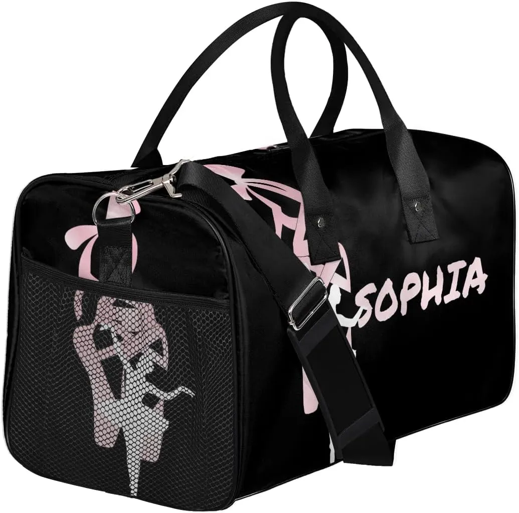Personalized Dance Bag Travel Duffle Bag Custom Name Sport Gym Bag Carry On Weekender Bag Sleepover Athletic Bag for Women, Pinks Black Background