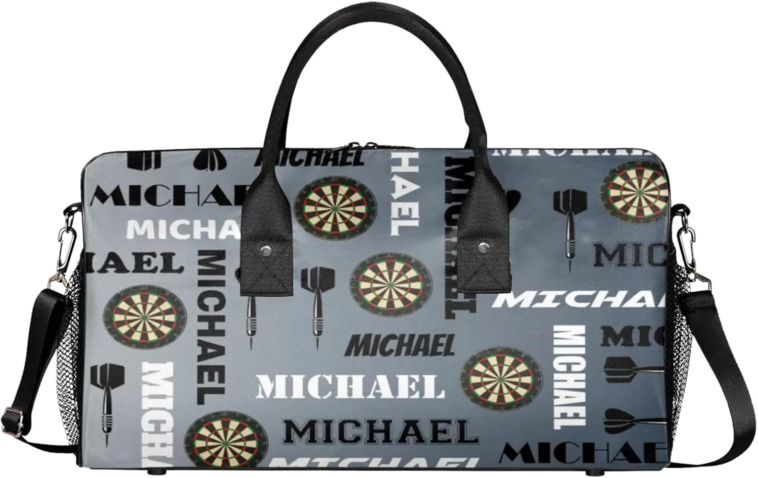 Personalized Darts Sport Duffel Bag with Name, Custom Gym Bag Customized Overnight Weekender Bag for Women Men, Black Grey