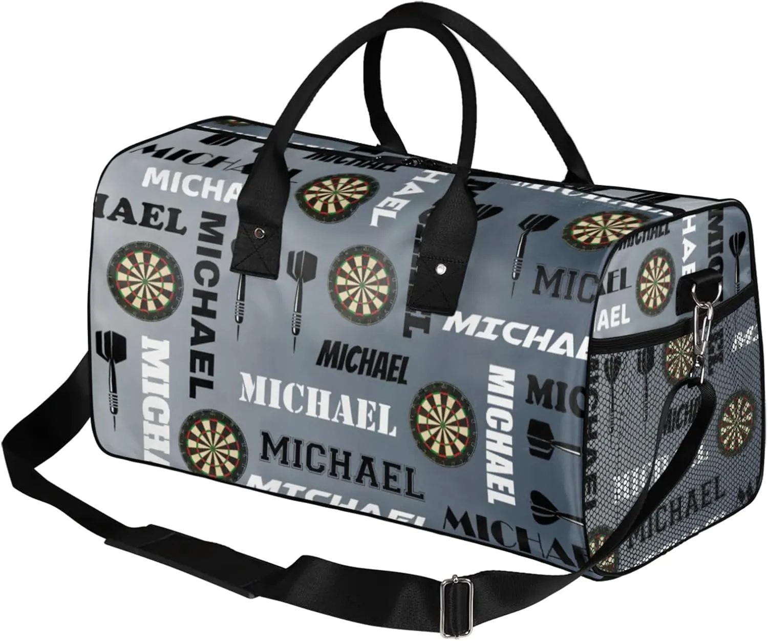 Personalized Darts Sport Duffel Bag with Name, Custom Gym Bag Customized Overnight Weekender Bag for Women Men, Black Grey