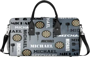 Personalized Darts Sport Duffel Bag with Name, Custom Gym Bag Customized Overnight Weekender Bag for Women Men, Black Grey