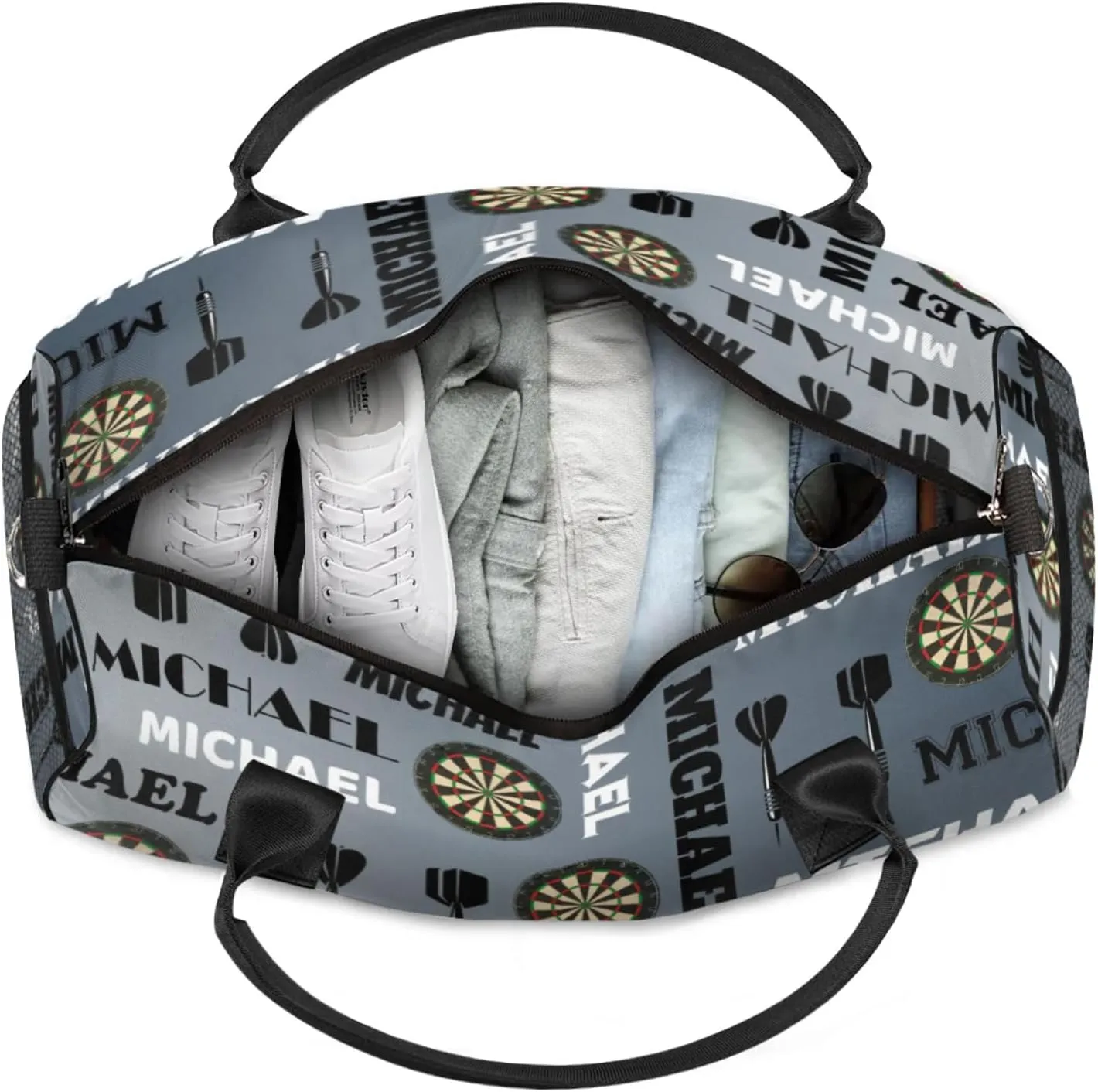 Personalized Darts Sport Duffel Bag with Name, Custom Gym Bag Customized Overnight Weekender Bag for Women Men, Black Grey