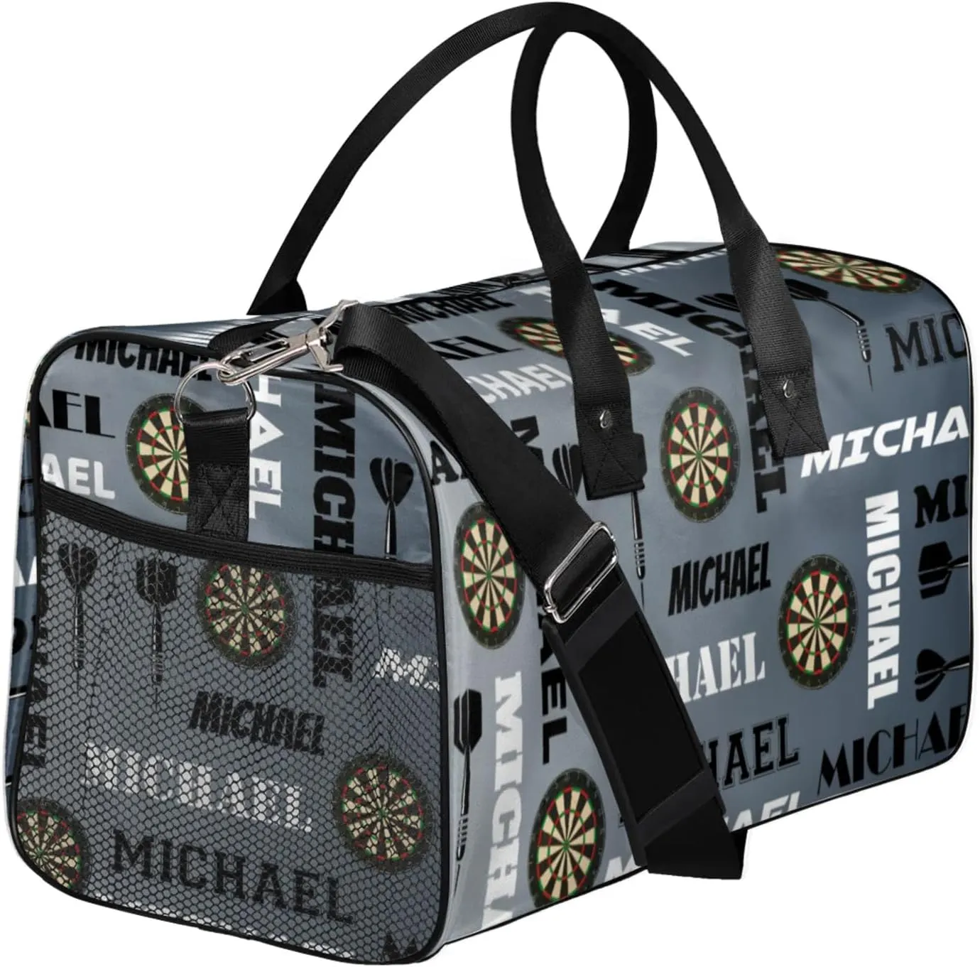 Personalized Darts Sport Duffel Bag with Name, Custom Gym Bag Customized Overnight Weekender Bag for Women Men, Black Grey