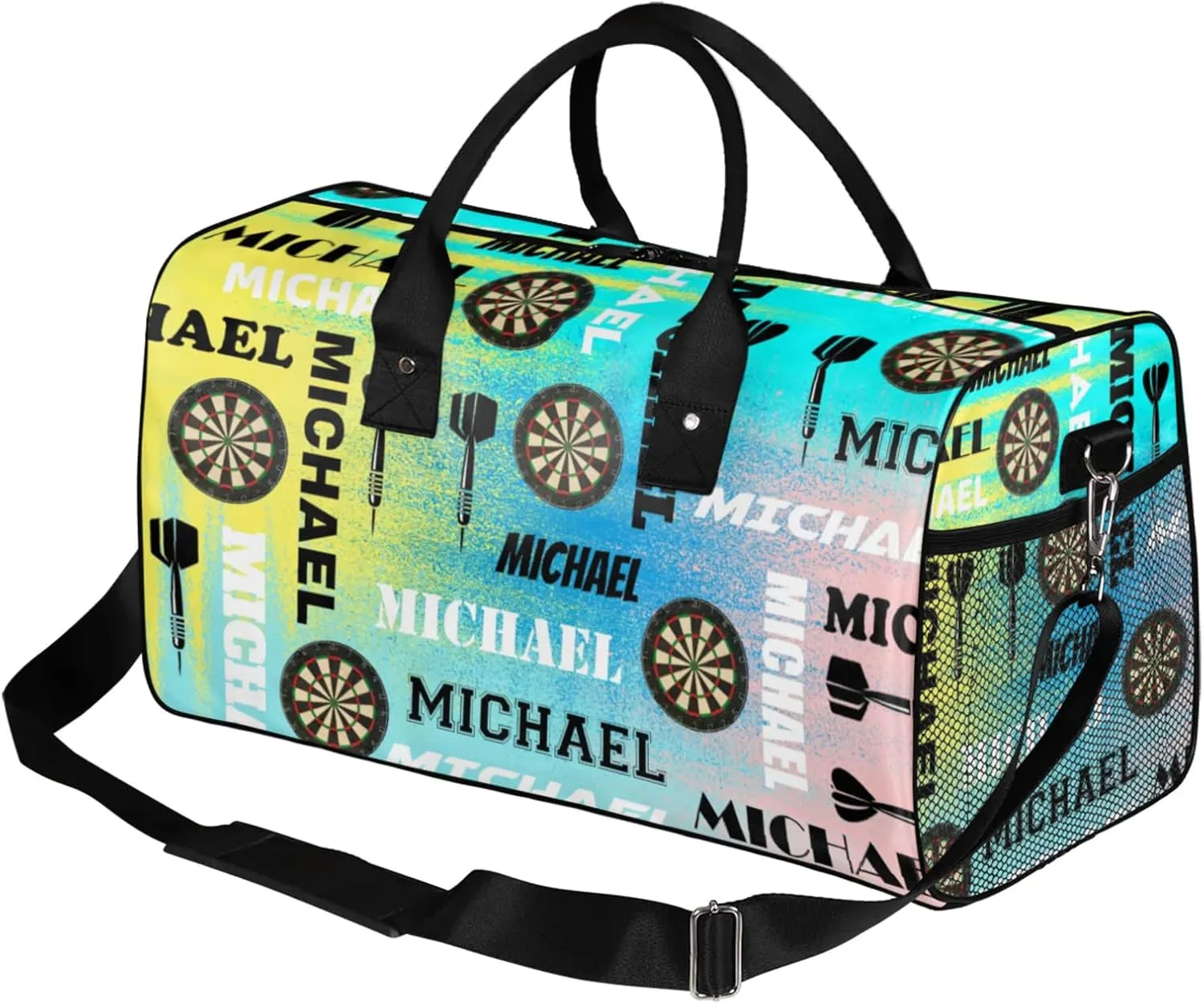 Personalized Darts Sport Duffel Bag with Name, Custom Gym Bag Customized Text Overnight Weekender Bag for Women Men, Blue Yellow Pinks