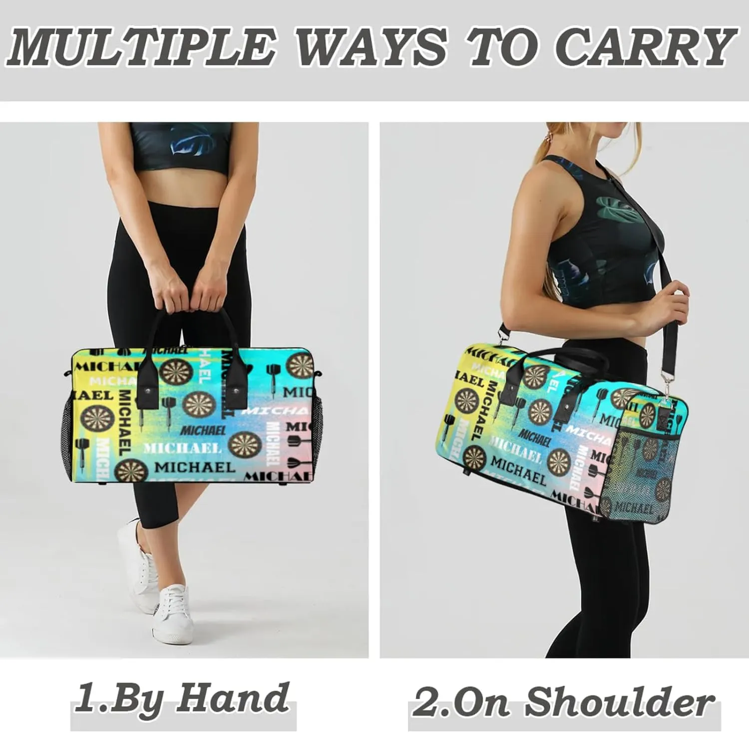 Personalized Darts Sport Duffel Bag with Name, Custom Gym Bag Customized Text Overnight Weekender Bag for Women Men, Blue Yellow Pinks