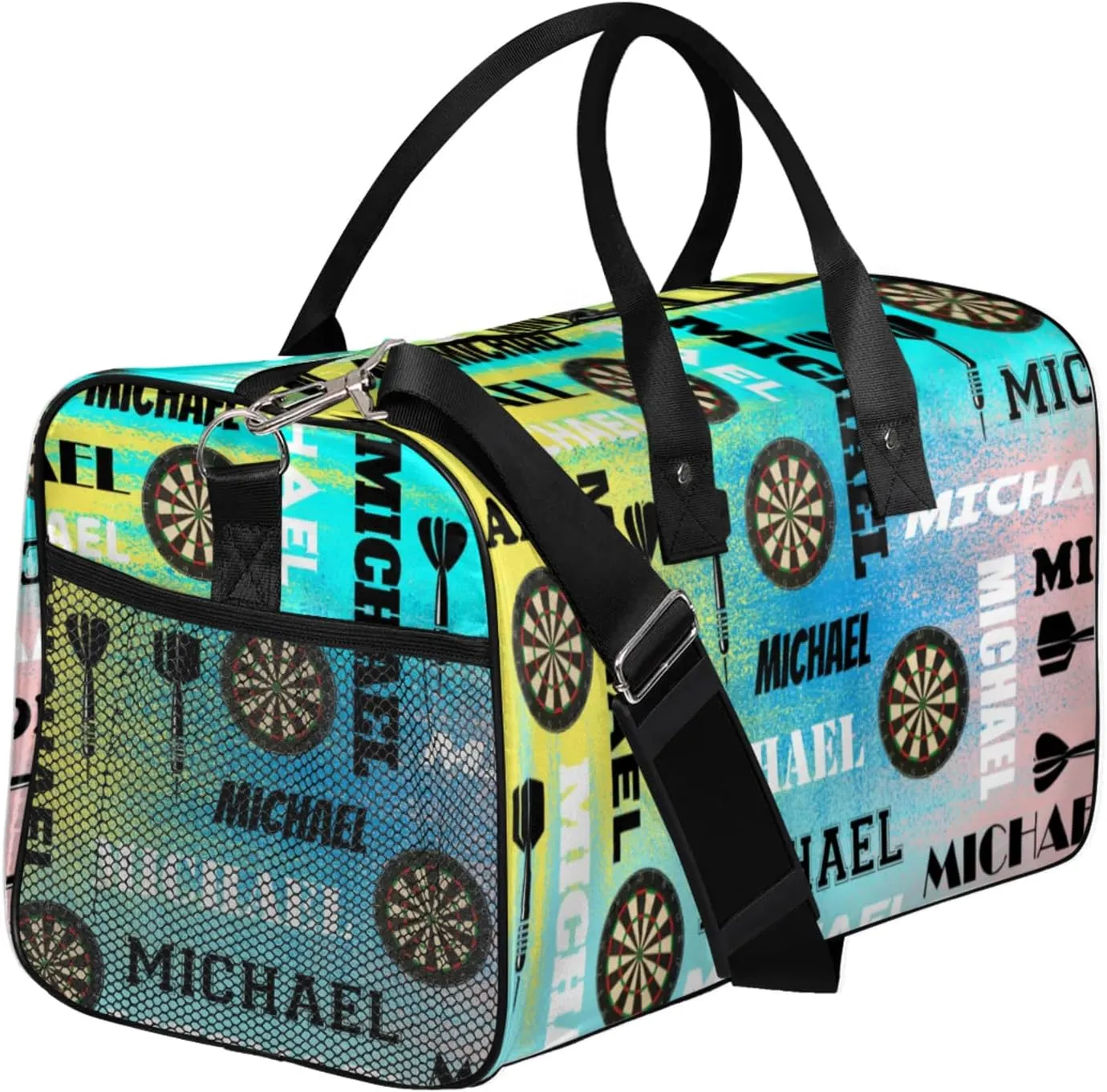 Personalized Darts Sport Duffel Bag with Name, Custom Gym Bag Customized Text Overnight Weekender Bag for Women Men, Blue Yellow Pinks