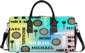 Personalized Darts Sport Duffel Bag with Name, Custom Gym Bag Customized Text Overnight Weekender Bag for Women Men, Blue Yellow Pinks