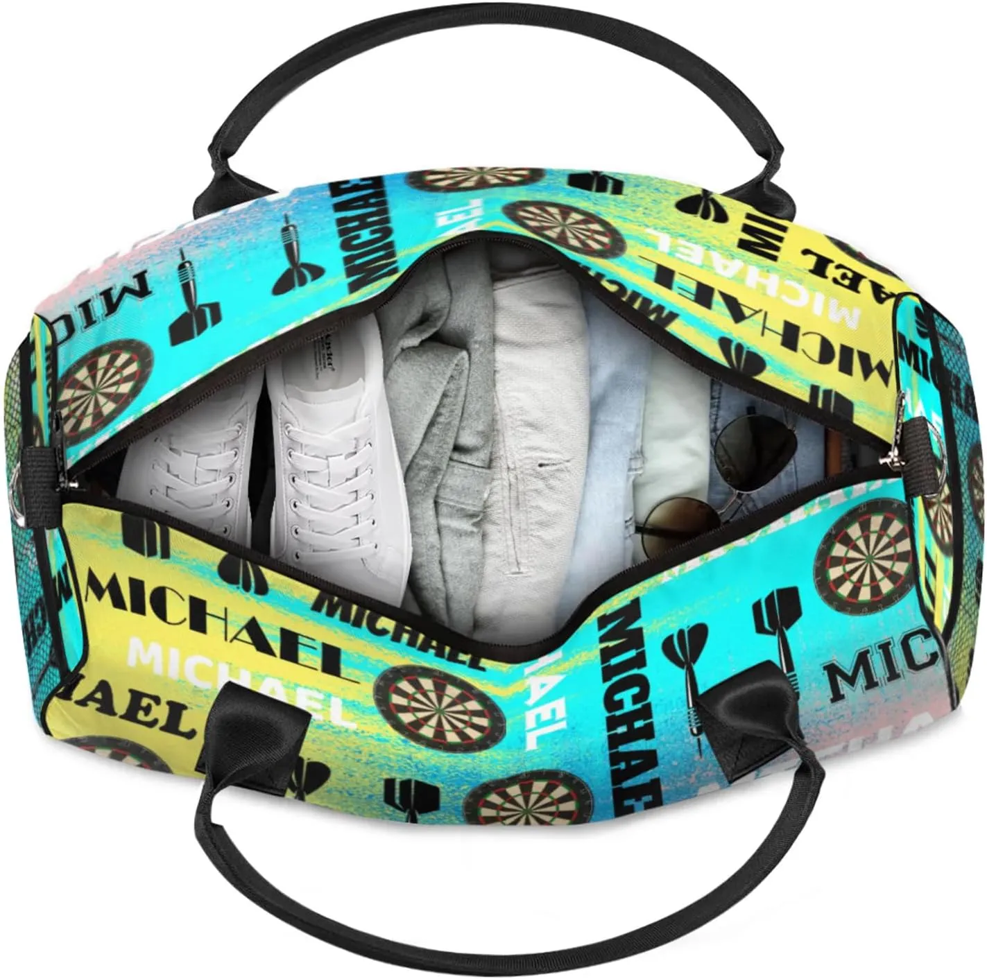 Personalized Darts Sport Duffel Bag with Name, Custom Gym Bag Customized Text Overnight Weekender Bag for Women Men, Blue Yellow Pinks