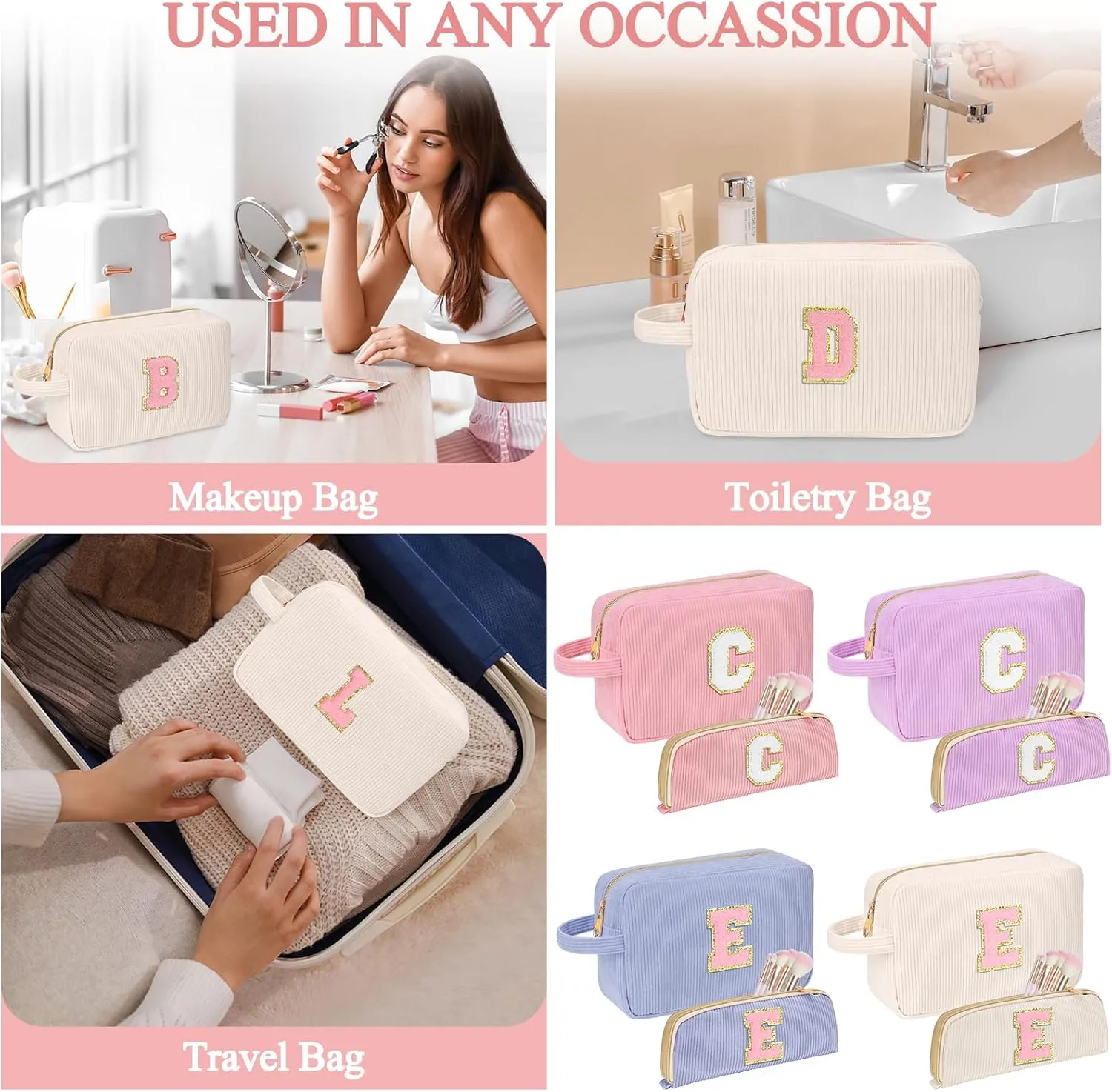 Personalized Initial Cute Makeup Bag Trendy Stuff Beige Cosmetic Bag Travel Toiletry Bag, Mother's Day/Birthday/Graduation Gifts for Women, Mom, Girlfriend, Wife Makeup Organizer Case for Girls - R