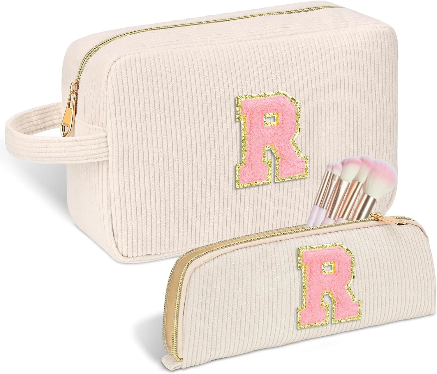 Personalized Initial Cute Makeup Bag Trendy Stuff Beige Cosmetic Bag Travel Toiletry Bag, Mother's Day/Birthday/Graduation Gifts for Women, Mom, Girlfriend, Wife Makeup Organizer Case for Girls - R