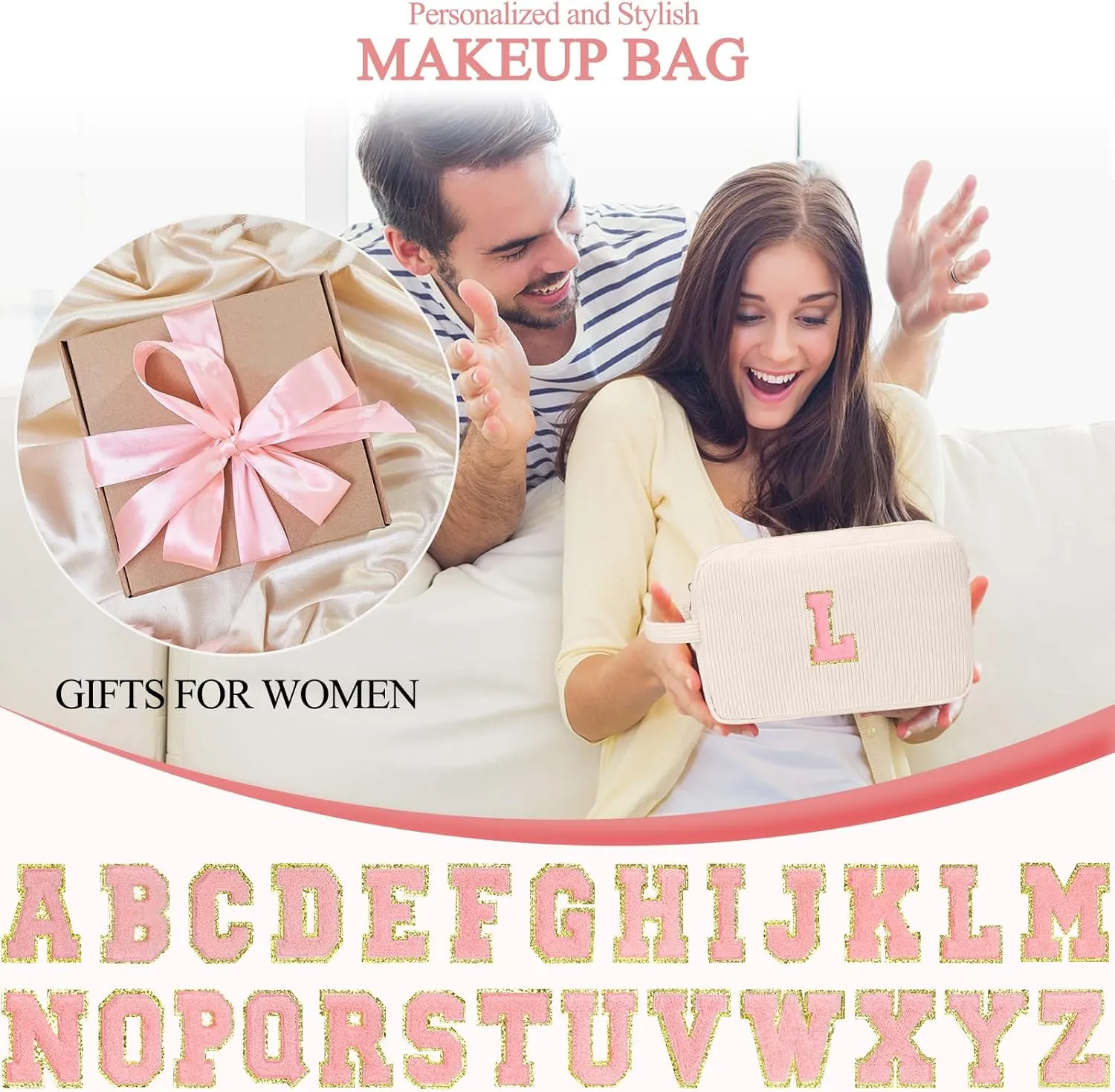 Personalized Initial Cute Makeup Bag Trendy Stuff Beige Cosmetic Bag Travel Toiletry Bag, Mother's Day/Birthday/Graduation Gifts for Women, Mom, Girlfriend, Wife Makeup Organizer Case for Girls - R