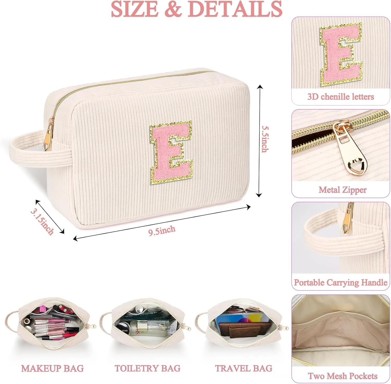 Personalized Initial Cute Makeup Bag Trendy Stuff Beige Cosmetic Bag Travel Toiletry Bag, Mother's Day/Birthday/Graduation Gifts for Women, Mom, Girlfriend, Wife Makeup Organizer Case for Girls - R