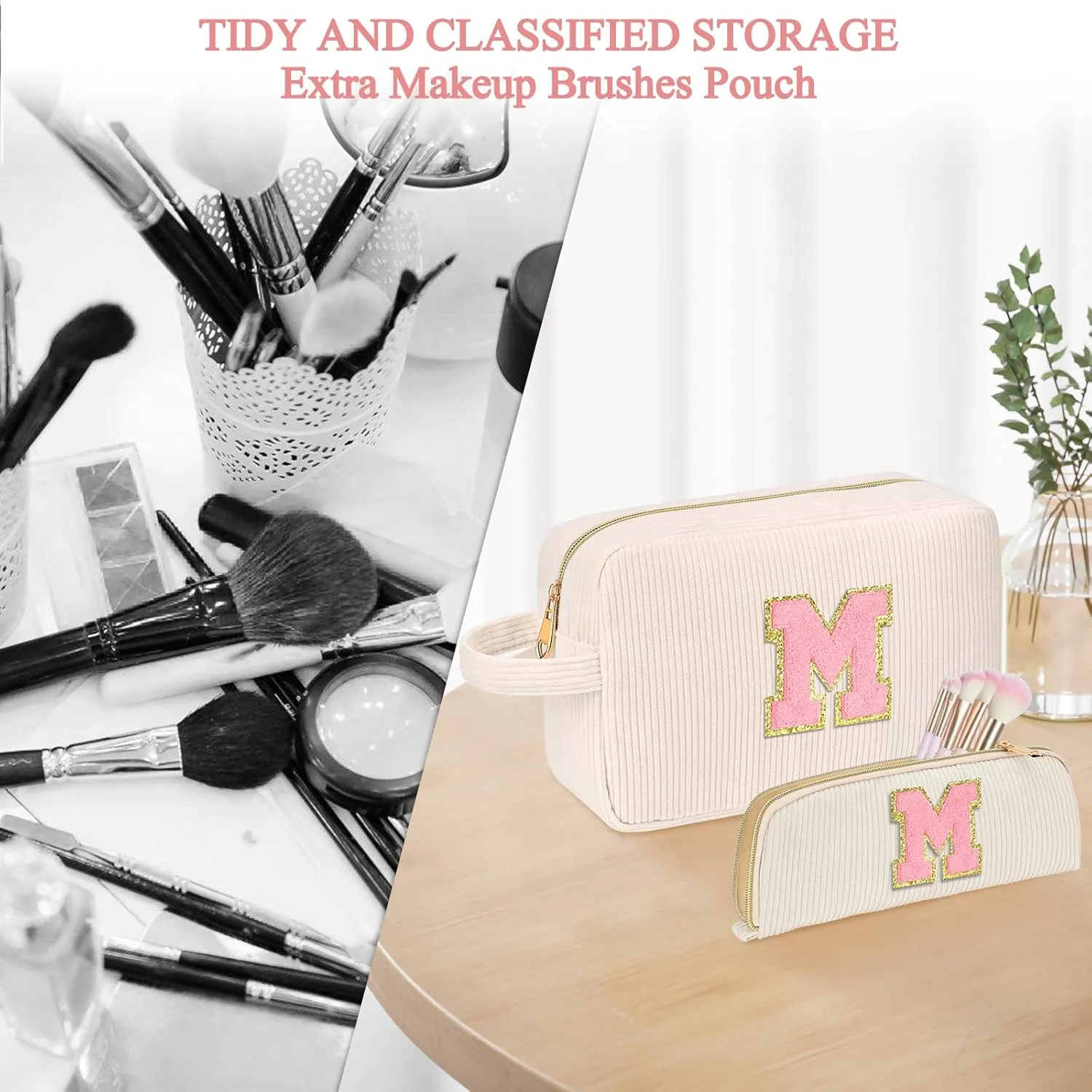 Personalized Initial Cute Makeup Bag Trendy Stuff Beige Cosmetic Bag Travel Toiletry Bag, Mother's Day/Birthday/Graduation Gifts for Women, Mom, Girlfriend, Wife Makeup Organizer Case for Girls - R