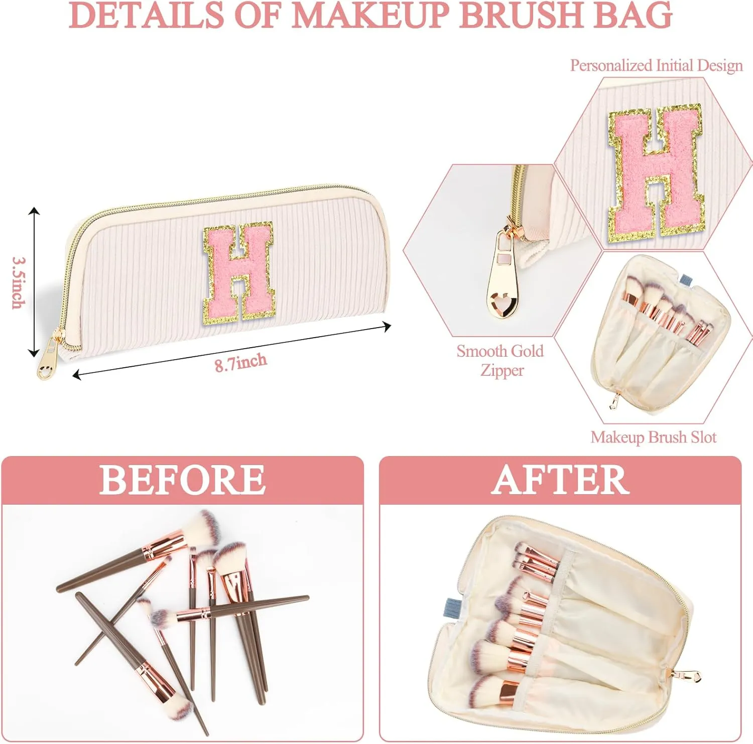 Personalized Initial Cute Makeup Bag Trendy Stuff Beige Cosmetic Bag Travel Toiletry Bag, Mother's Day/Birthday/Graduation Gifts for Women, Mom, Girlfriend, Wife Makeup Organizer Case for Girls - R