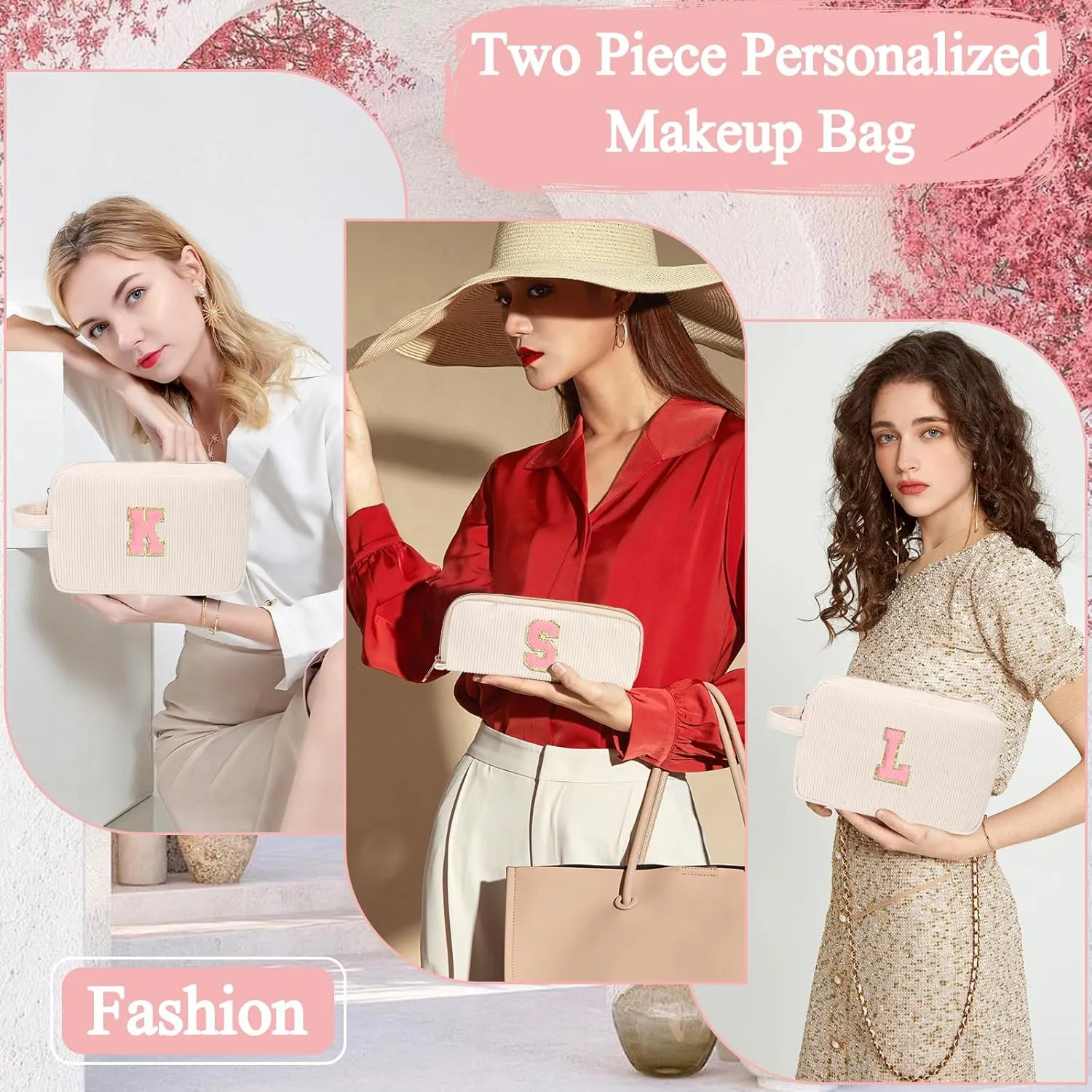 Personalized Initial Cute Makeup Bag Trendy Stuff Beige Cosmetic Bag Travel Toiletry Bag, Mother's Day/Birthday/Graduation Gifts for Women, Mom, Girlfriend, Wife Makeup Organizer Case for Girls - R