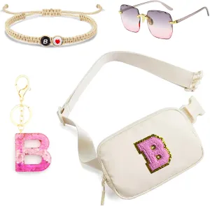 Personalized Initial Fanny Pack Belt Bag for Teen Girls - woman fanny pack,Bracelet, Keychain & Sunglasses (B)
