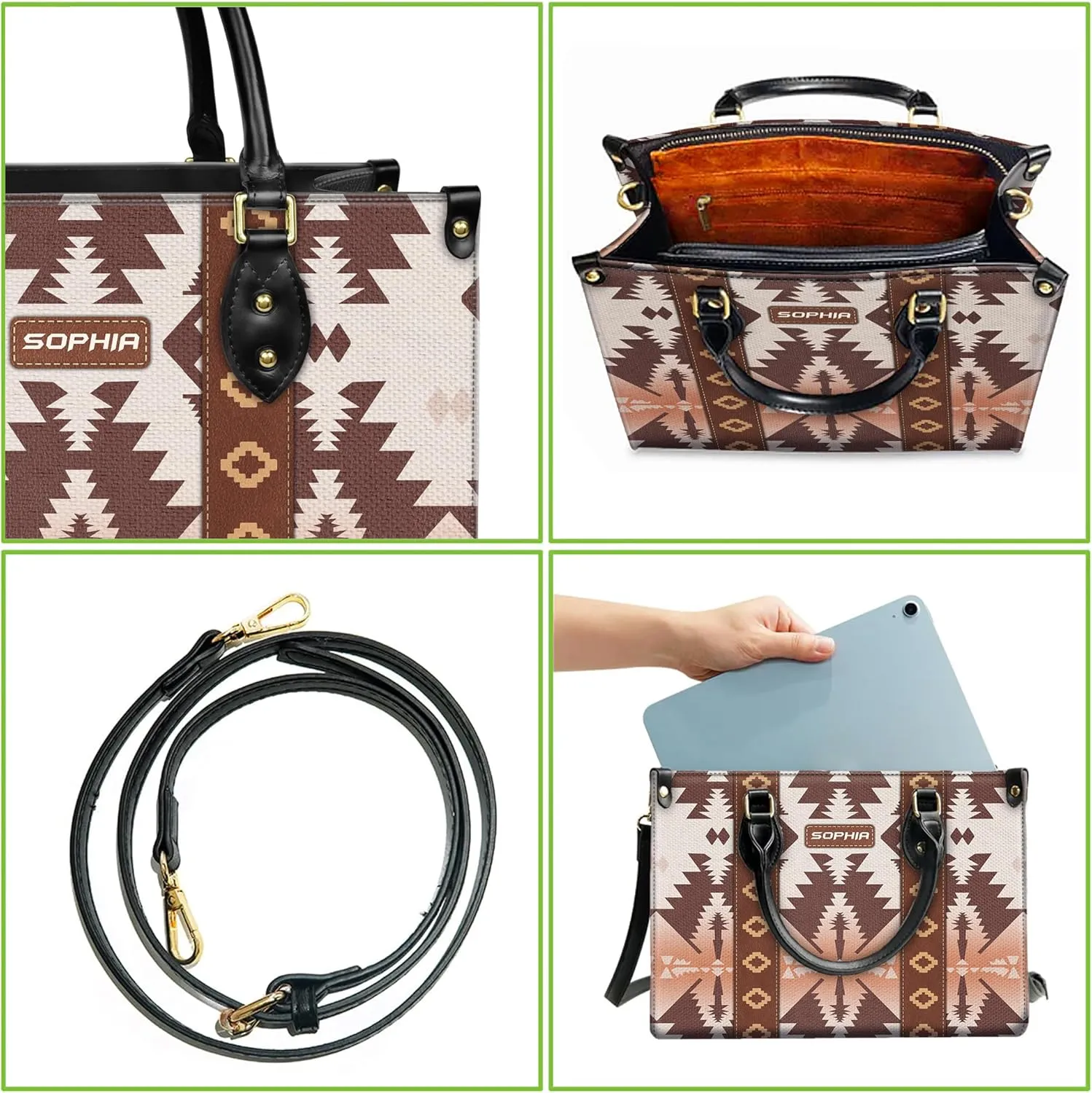 Personalized Leather Handbag for Women – Custom Boho Aztec Purse, Detachable Strap, Mother’s Day Gift