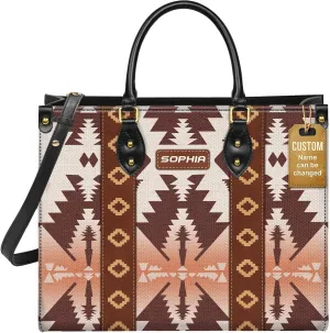 Personalized Leather Handbag for Women – Custom Boho Aztec Purse, Detachable Strap, Mother’s Day Gift