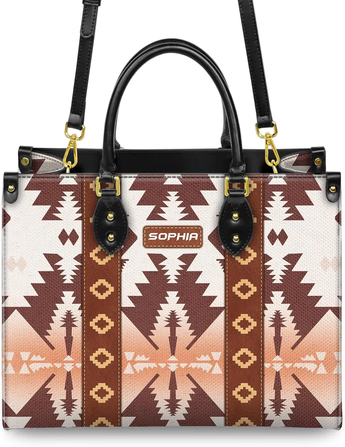 Personalized Leather Handbag for Women – Custom Boho Aztec Purse, Detachable Strap, Mother’s Day Gift