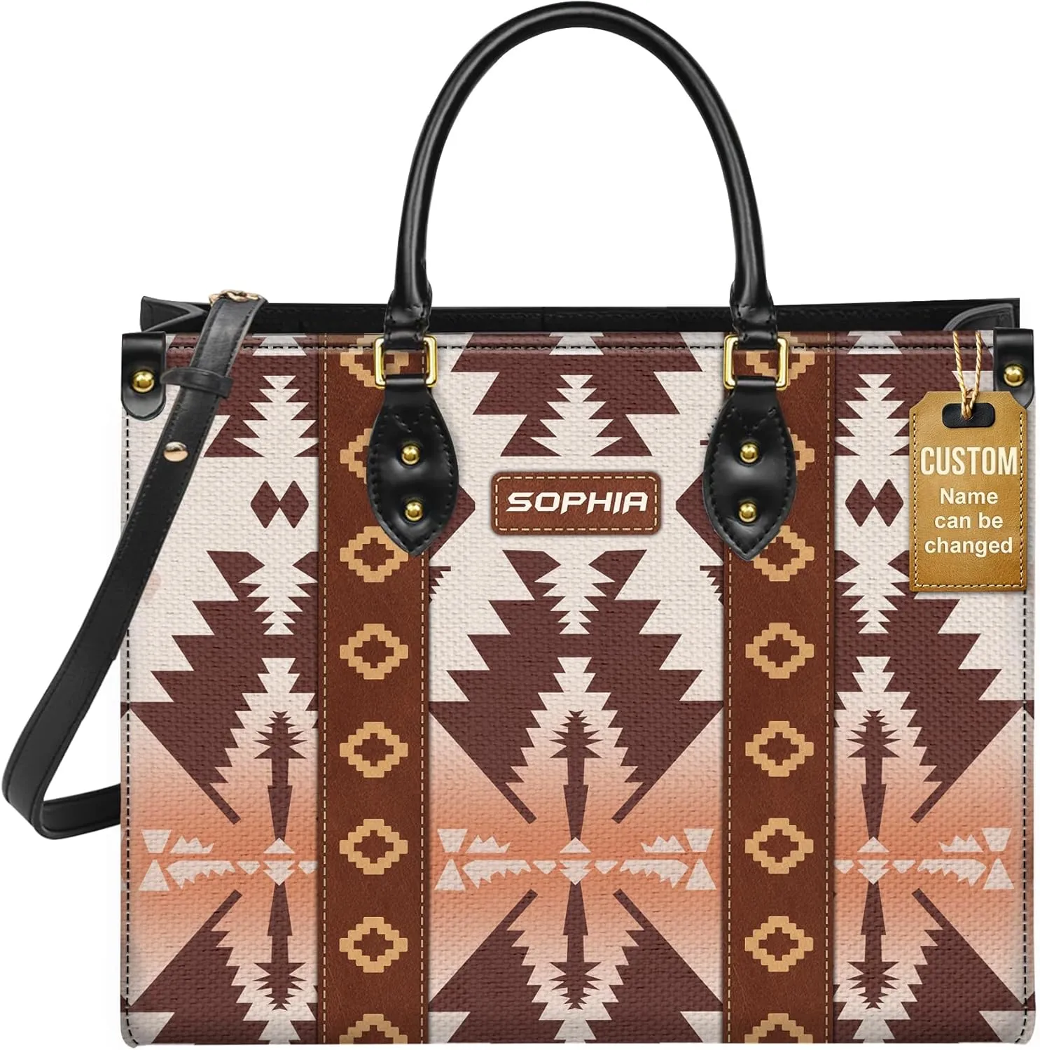 Personalized Leather Handbag for Women – Custom Boho Aztec Purse, Detachable Strap, Mother’s Day Gift