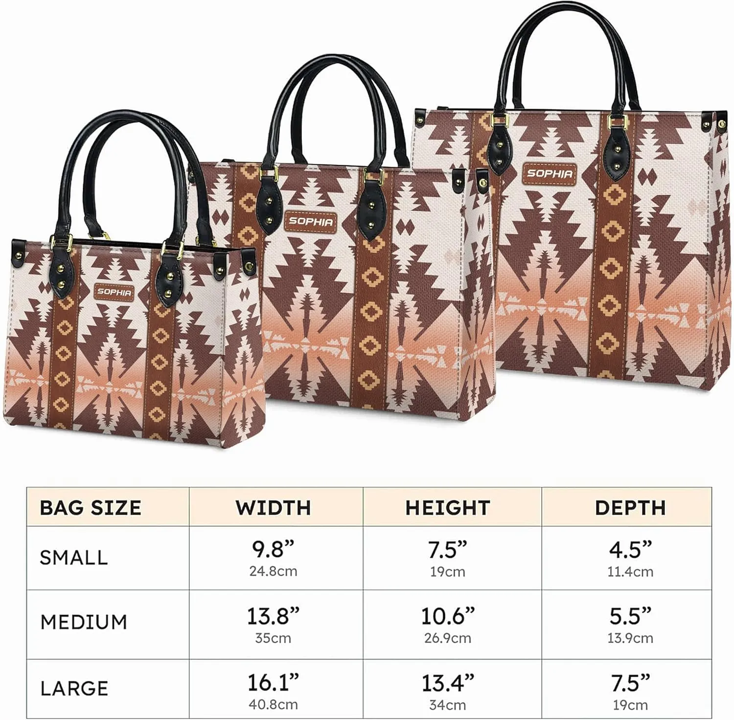 Personalized Leather Handbag for Women – Custom Boho Aztec Purse, Detachable Strap, Mother’s Day Gift