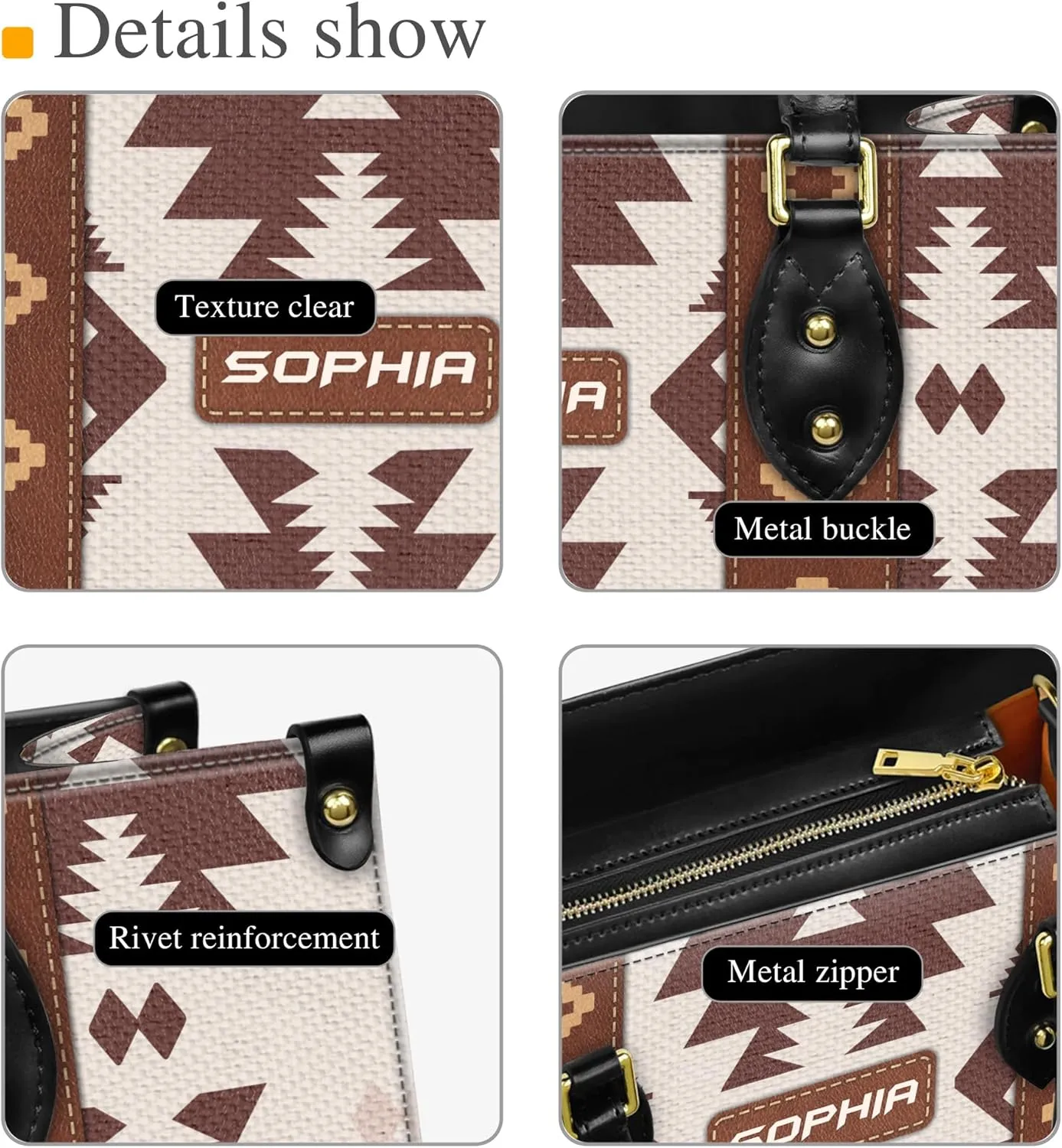 Personalized Leather Handbag for Women – Custom Boho Aztec Purse, Detachable Strap, Mother’s Day Gift