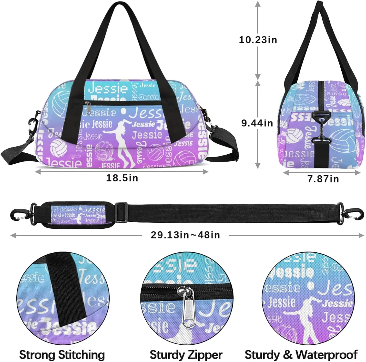 Personalized Volleyball Sport Duffel Bag Custom Sports Bag Travel Overnight Shoulder Bags Customized Gifts for Women Men, Blue Purple