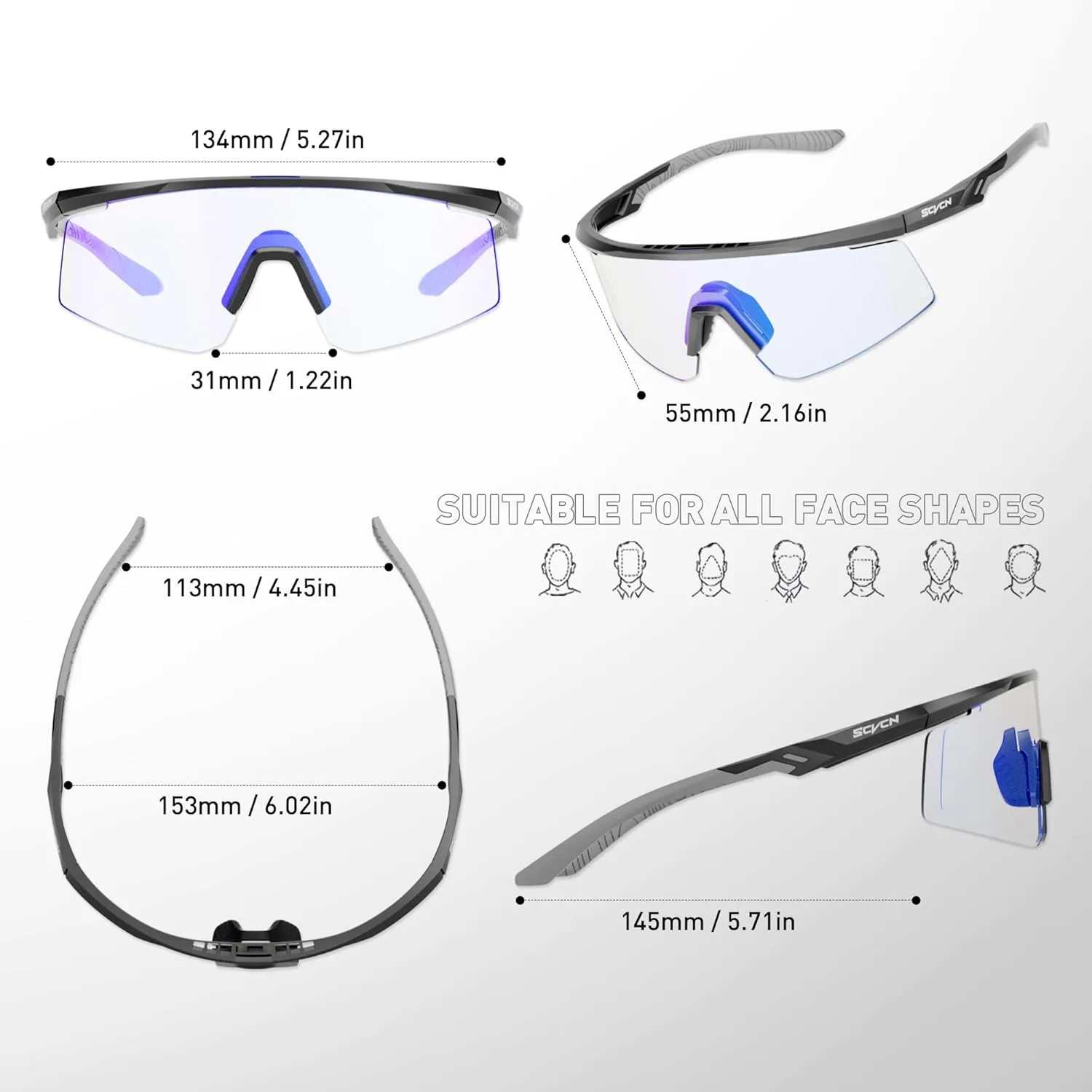 Photochromic Cycling Glasses, UV400 Protection, TR90 Frame, Men Women Clear Sports Sunglasses for Cycling S120
