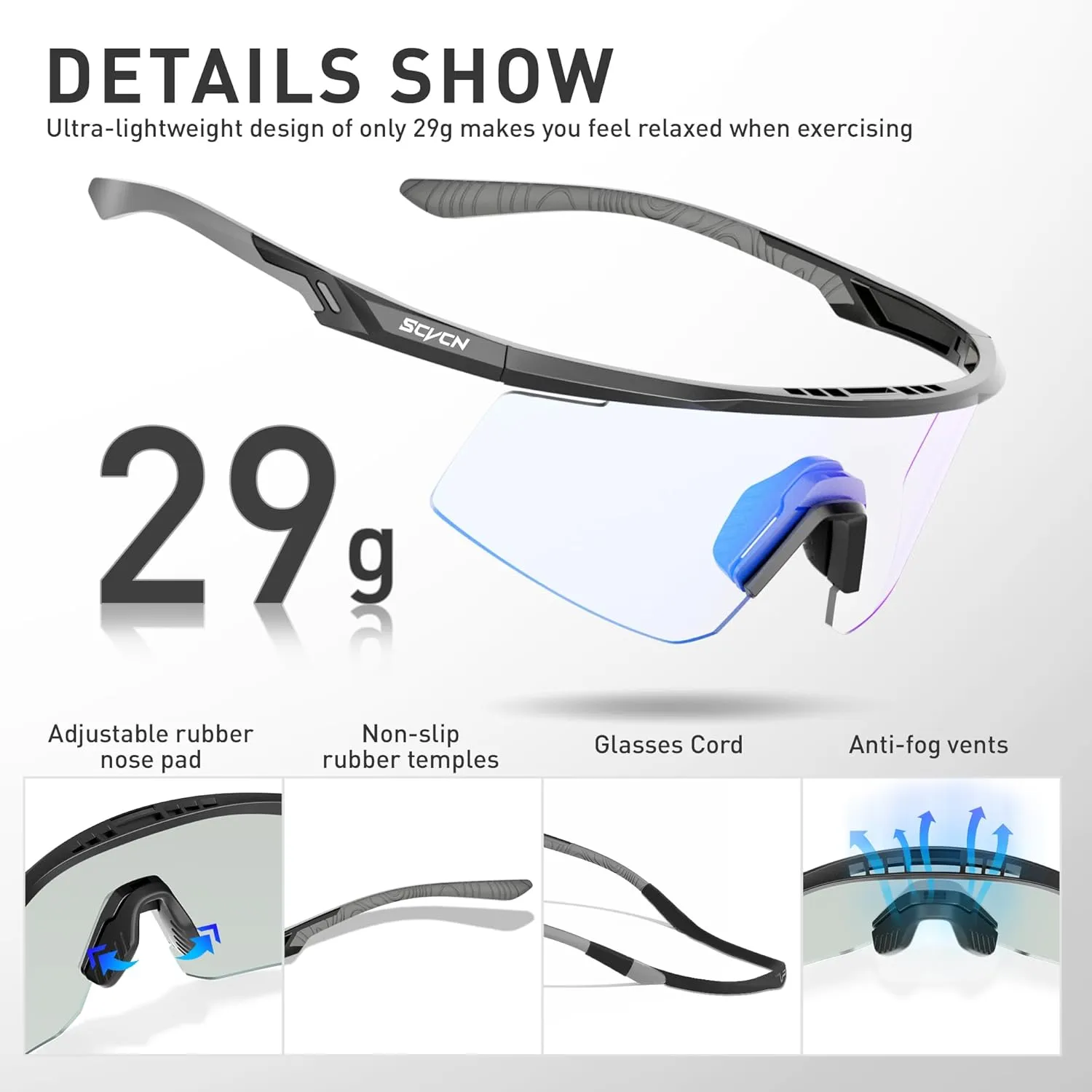 Photochromic Cycling Glasses, UV400 Protection, TR90 Frame, Men Women Clear Sports Sunglasses for Cycling S120