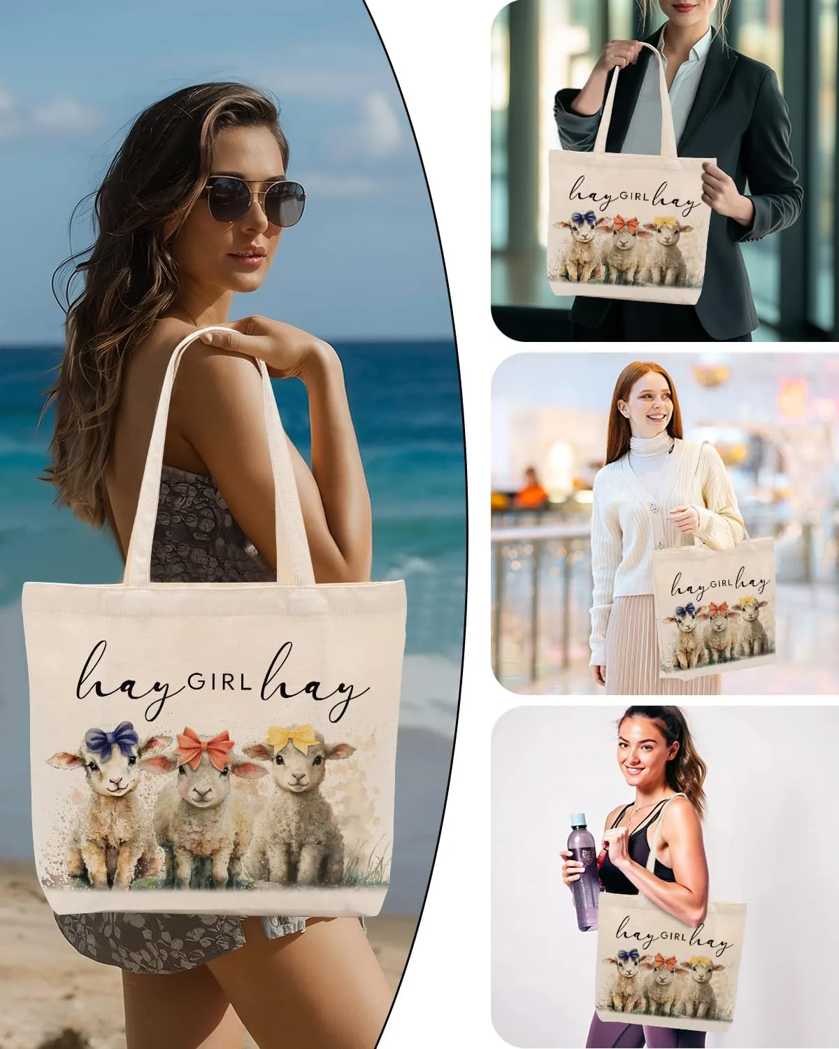 Pig Sheep Horse Gifts for Girls Grocery Shopping Canvas Tote Bag for Animal Lovers Women Friendship Christmas Birthday