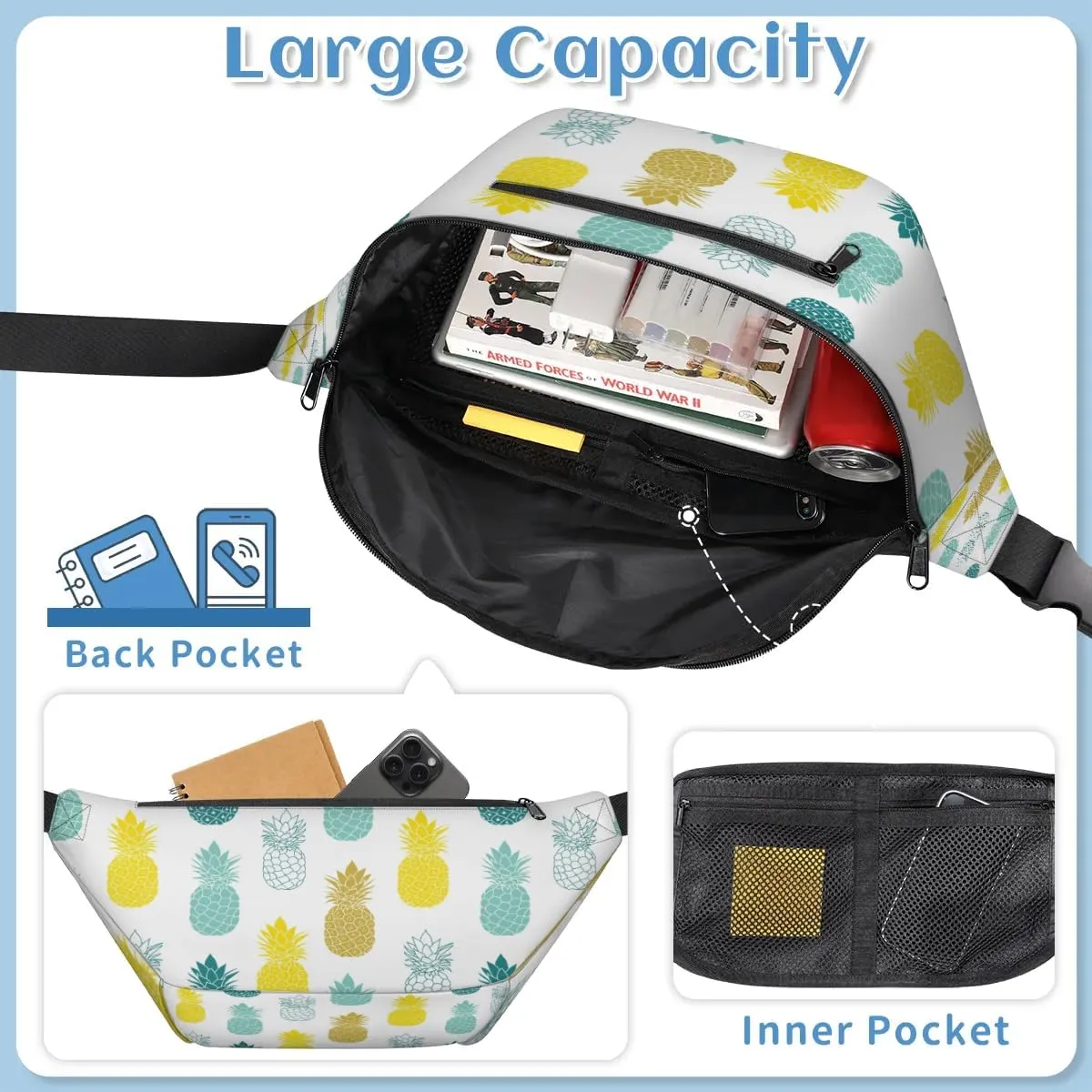 Pineapples Crossbody Sling Bag for Women Men Crossbody Backpack with 4 Zipper Pockets Fanny Pack Shoulder Casual Daypack for Travel Running Hiking Cycling
