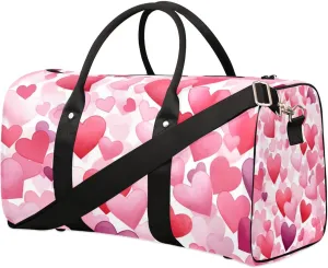 Pink Heart Print Valentine's Day Travel Duffel Bag for Women Men Waterproof Foldable Overnight Weekender Bag Large Capacity Sports Gym Bag